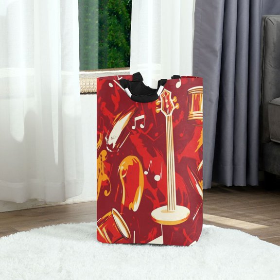Musical Notes and Instruments Foldable Laundry Hamper 12.6x11x22.7in with Handles for Bathroom Bedroom Storage