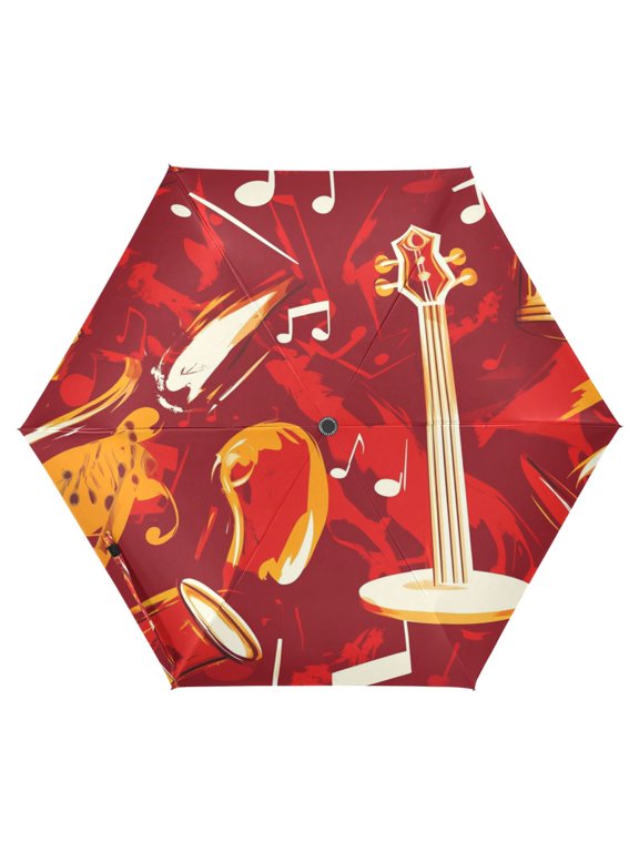 Musical Notes and Instruments Folding Umbrella UV50+ Waterproof Sun Protection Auto Open Close Compact Fiberglass Frame