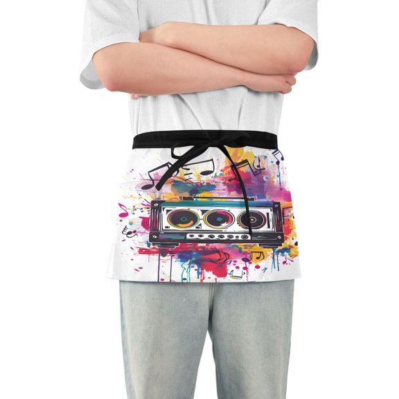 Musical Notes and Sound Server Apron with 3 Pockets Waterproof Waitress Waist Short Apron for Man Woman 12 Inches