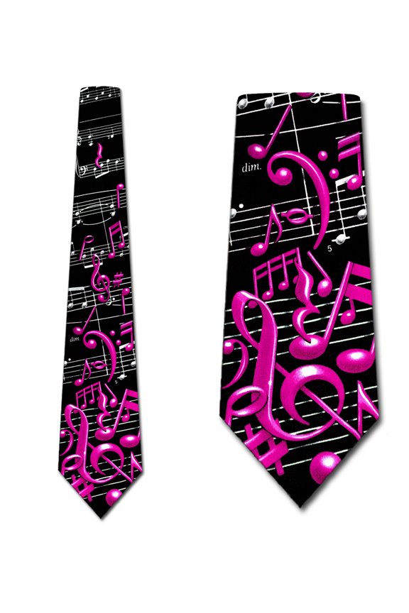 Musical Notes and Staff - Pink on Black Necktie Mens Tie by Three Rooker