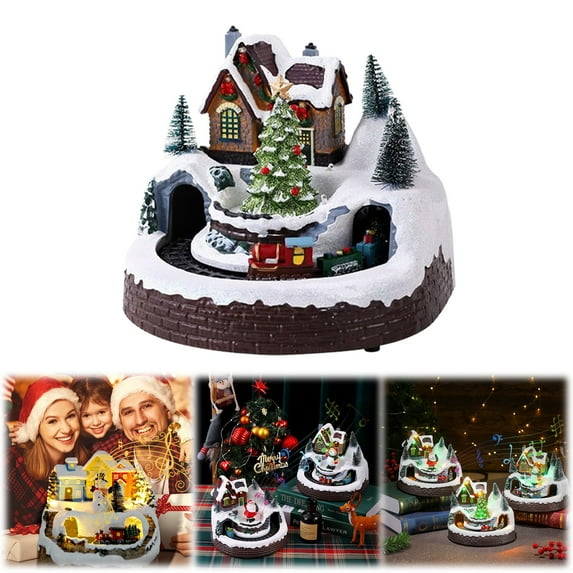 Musical Resin Snowman Christmas Village Figurines with Spinning Train LED Lights,Collectibles Statues Architectural Decor,USB Xmas Holiday Indoor Decor Ornaments Centerpiece