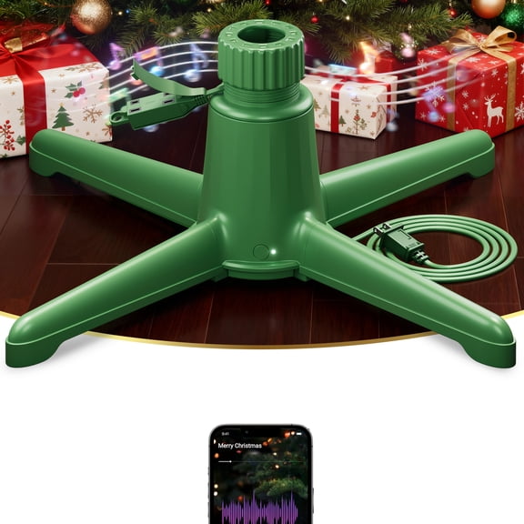 Musical Rotating Christmas Tree Stand with Remote, 360 Spinning Base for Artificial Tree Up to 9 ft and 120 lbs, 3 Outlets 800W, Fits 1.25-2 Inch Poles