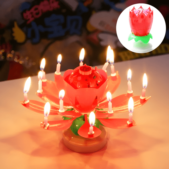 Musical Rotating Flower Birthday Candle 14 Count Spinning Blooming Cake Topper Happy Birthday Song Party Decor Red