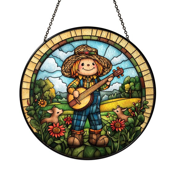 Musical Scarecrow Window Hanging – Stained Glass Style Farm Art