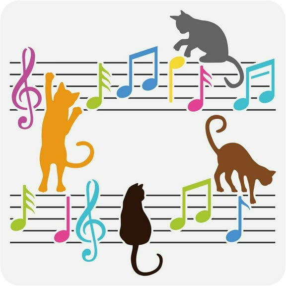 Musical Score Painting Stencil 11.8x11.8 inch Musical Cat Drawing Template Sheet Music Painting Stencil Musical Theme Craft Stencil for Painting on Wall Wood Furniture DIY Home Decor White