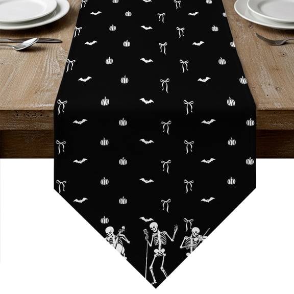 Musical Skeleton Halloween Table Runner Linen Burlap Table Runner 36 Inches Small Black White Bat Bow Dresser Scarves for Kitchen Island Coffee Dining Room Party Wedding Holiday Decoration 13"x36"