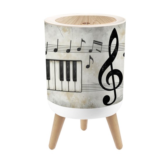 Musical Small Trash Can with Lid Vintage Piano Keys Musical Notes Treble Clef Grunge 1.8 Gallon Dog Proof Trash Can Round Garbage Can Waste Bin Wastebasket for Bathroom Bedroom Living Room
