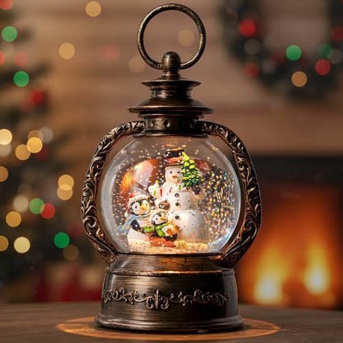 Musical Snow Globe Lantern Lighted Snowman with Penguins Christmas Snow Water Lantern Swirling Glittering Home Decoration and Gift, Battery Operated or USB Powered