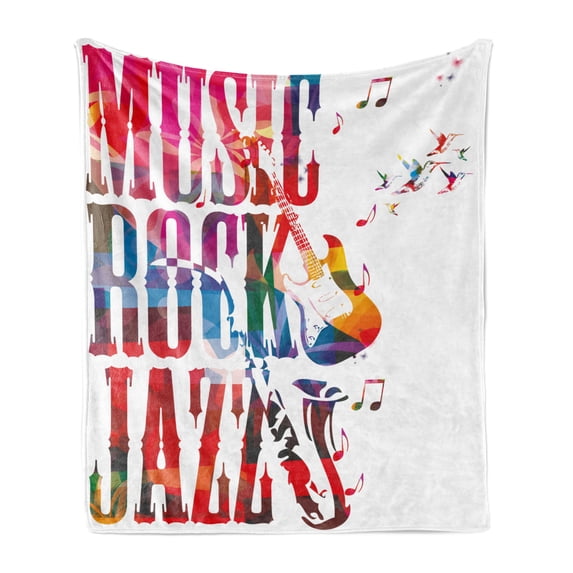 Musical Soft Flannel Fleece Throw Blanket, Music Rock Jazz Lettering with Bass Guitar Saxophone Notes Harmony Illustration, Cozy Plush for Indoor and Outdoor Use, 70" x 90", Multicolor, by Ambesonne