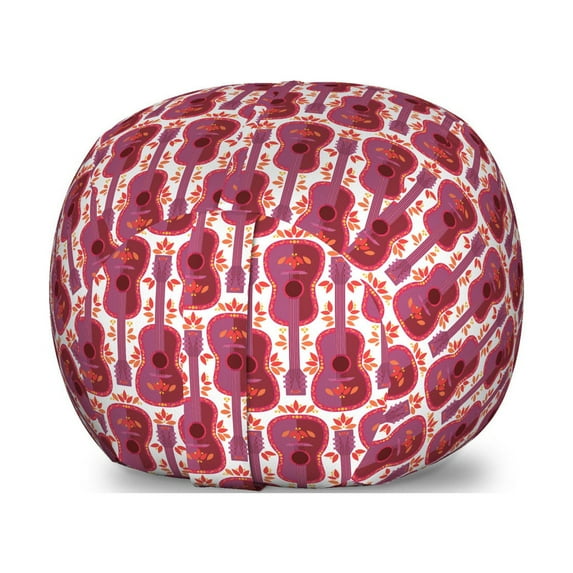 Musical Storage Toy Bag Chair, Repetitive Mexican Guitars Pattern Leaves in Tropical Cartoon Layout, Stuffed Animal Organizer Washable Bag, Large Size, Dark Pink and Vermilion, by Ambesonne