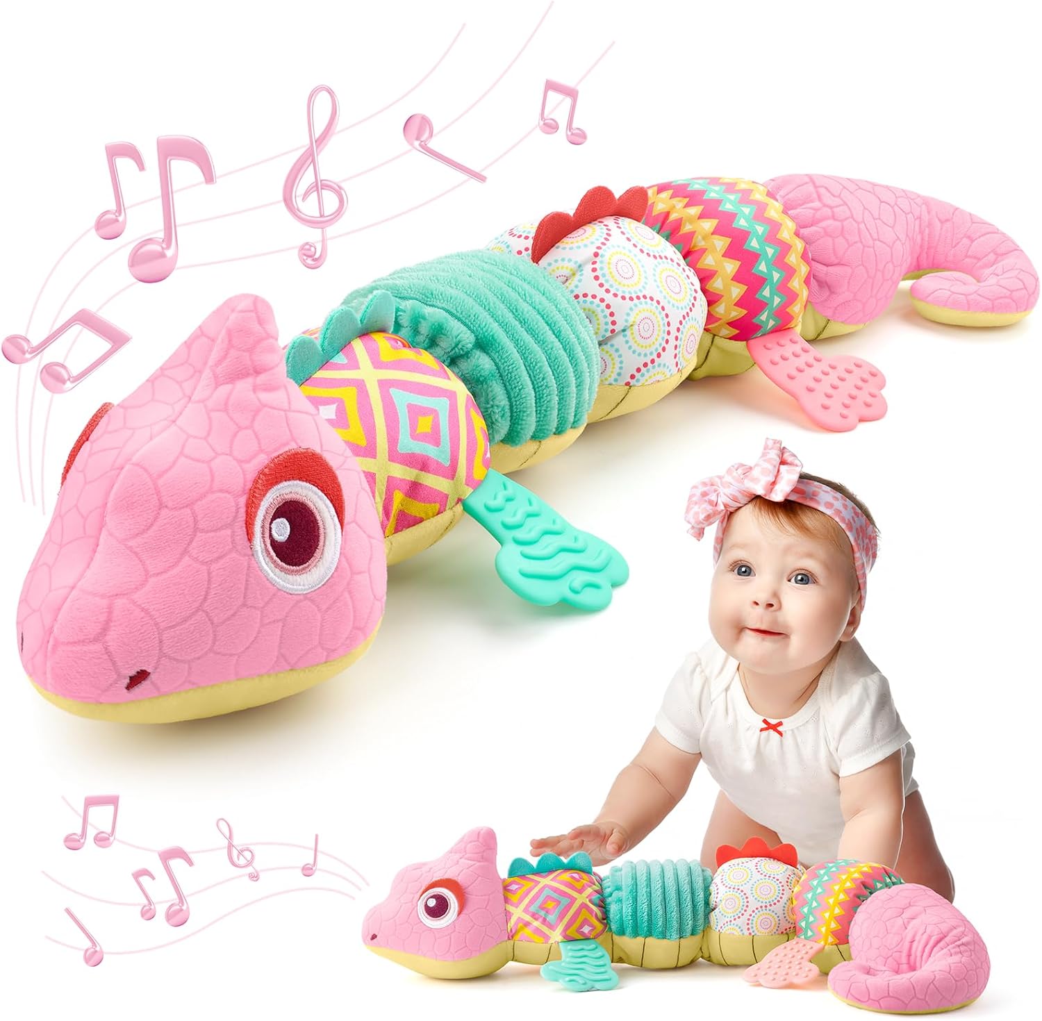 Musical Stuffed Plush Toy with Teether, Rattle & Height Ruler,Baby Sensory Toy for Newborns 0-12 Months, Pink
