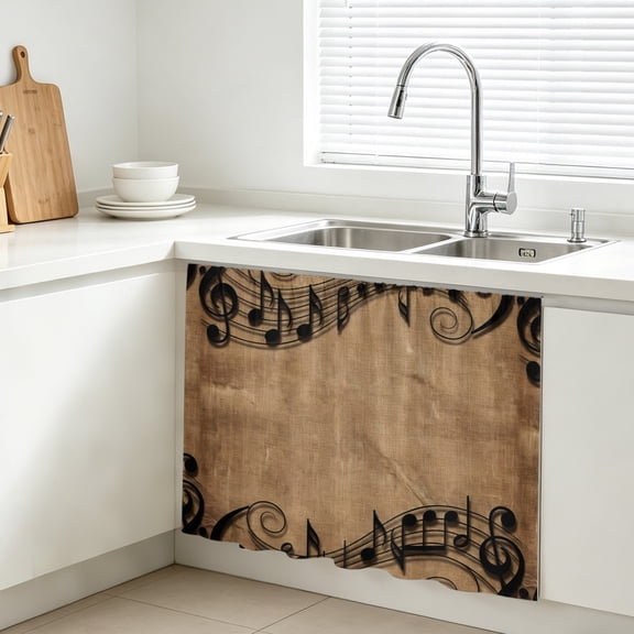 Musical Symbols Cabinet Curtains for Kitchen 10"W x 11"L, Musical Staff Retro Brown Background Modern Under Sink Skirt Magic Tape Short Curtain Decorative Privacy Panel for Bathroom Laundry