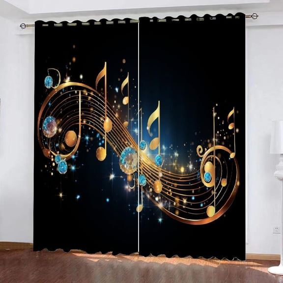 Musical Symbols Gold Window Curtain, Abstract Print Blackout Curtains, Grommet Drapes 2 Panel Set For Living Room Bedroom Kitchen Decor 52"W x 84"L (Pack of 2)