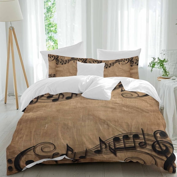 Musical Symbols Queen Duvet Cover Set, Musical Staff Retro Brown Background Modern 4 Piece Microfiber Bedding Set with Zipper Closure, Bed Sheet and 2 Pillow Shams, Soft Bedding Cover