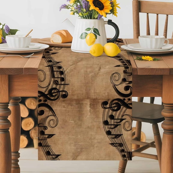 Musical Symbols Table Runner 13x90 Inch Musical Staff Retro Brown Background Modern Cotton Linen Dining Table Runner Ideal for Dresser Kitchen Coffee Tables - Machine Washable