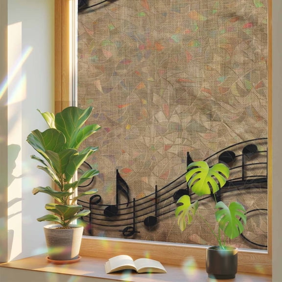 Musical Symbols Window Privacy Film, Musical Staff Retro Brown Background Modern Stained Glass Rainbow Film Decorative Window Clings, Static Cling Sun Blocking Stickers 23.6" x 59"