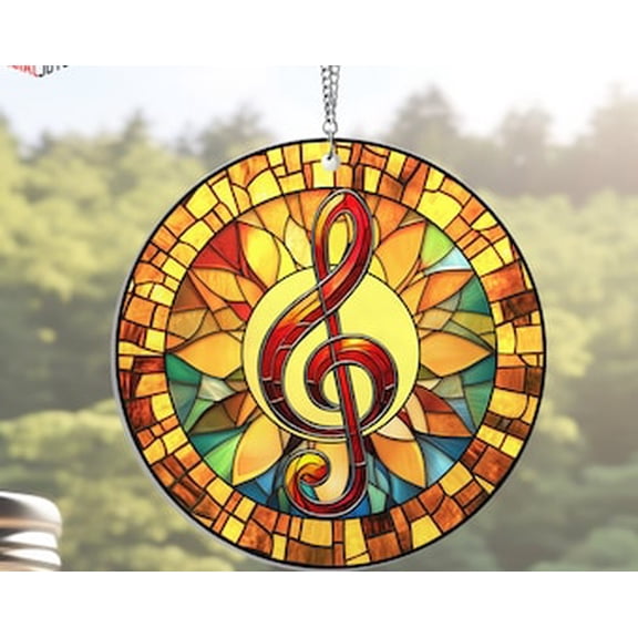 Musical Treble Clef Glass Suncatcher Round Window Hanging, 3.5 in
