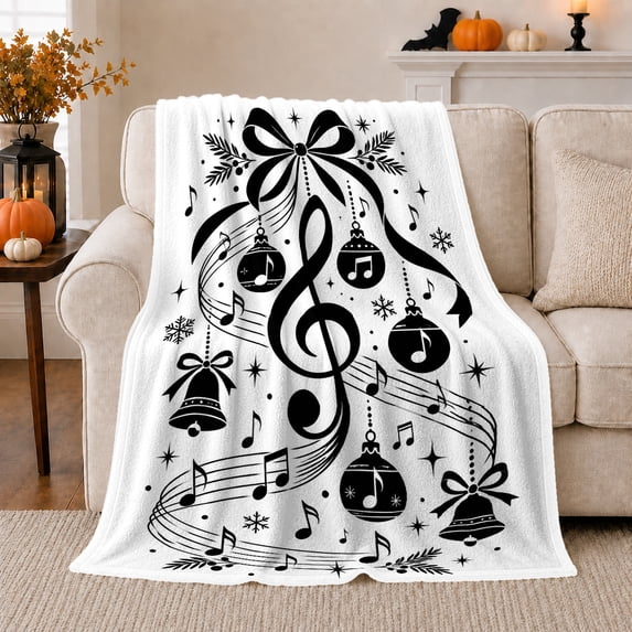 Musical Tree Ornaments Festive, Festive Holiday Scene, Warm Flannel Blanket for Living Room and Family Room with Detailed Artwork, Art Lovers Christmas Gift, Festive Home Decor