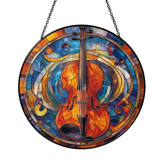 Musical Violin Illustration Stained Glass Style Window Hanging Decor