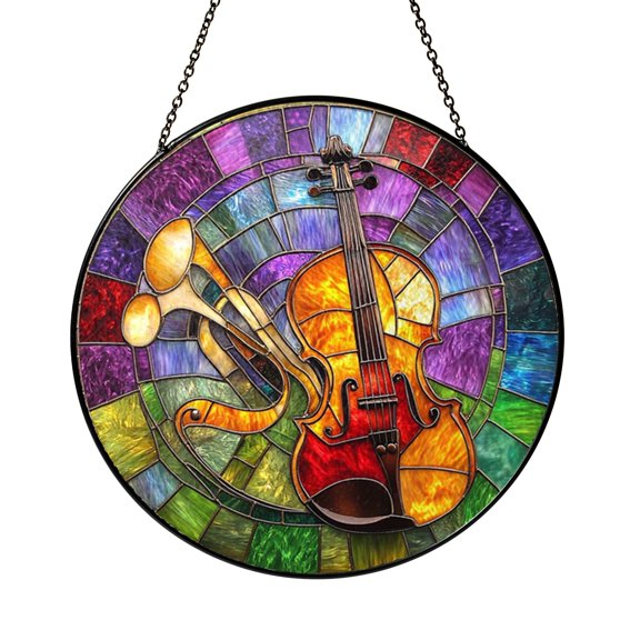 Musical Violin Stained Glass Suncatcher Window Hanging, Colorful Instrument Art Glass Panel with Decorative Notes and Swirls, Music Inspired Window Ornament for Music Lover Home Decor Gift