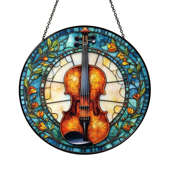 Musical Violin Window Ornament, Stained Glass Style Holiday Tree Hanging, Classic Instrument Art Decor