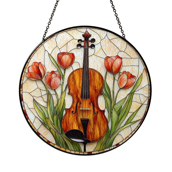 Musical Violin with Tulips Stained Glass Style Window Panel