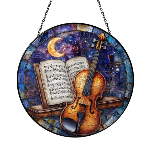 Musical Window Hanging Decor, Stained Glass Style Artistic Suncatcher, Decorative Glass Panel for Windows