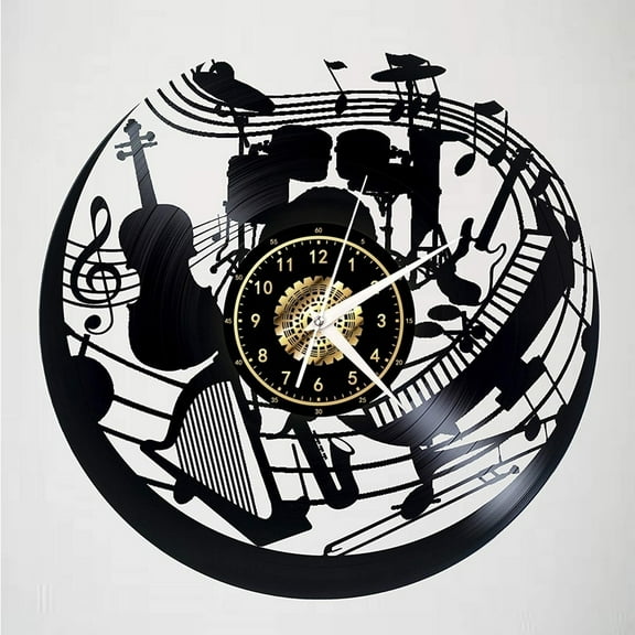 Musical instrument Vinyl Record Wall Clock Gifts for Holiday ,Handmade 12Black Wall Clock Unique Gifts for Men Women for Birthday Wall Decor