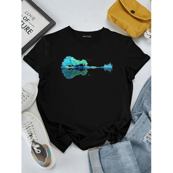 Musician Silhouette Guitar Reflection Bass Acoustic Graphic Art Unisex T-Shirt V16298 ,up to size 5XL