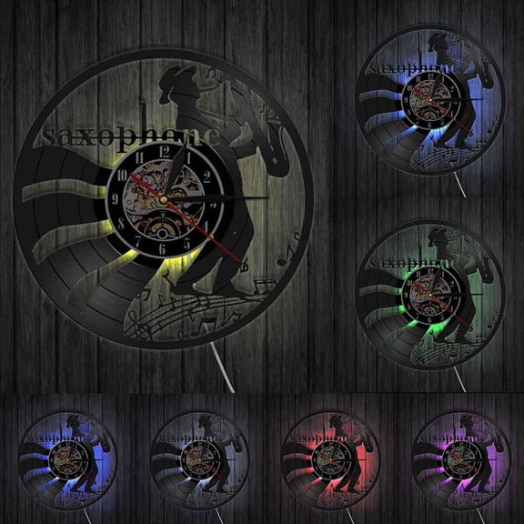 Musicians Jazz Music Wall Art Vinyl Record Wall Clock Horn Classical Saxophone Music Instruments Wall Clock Jazz Player Gift With LED