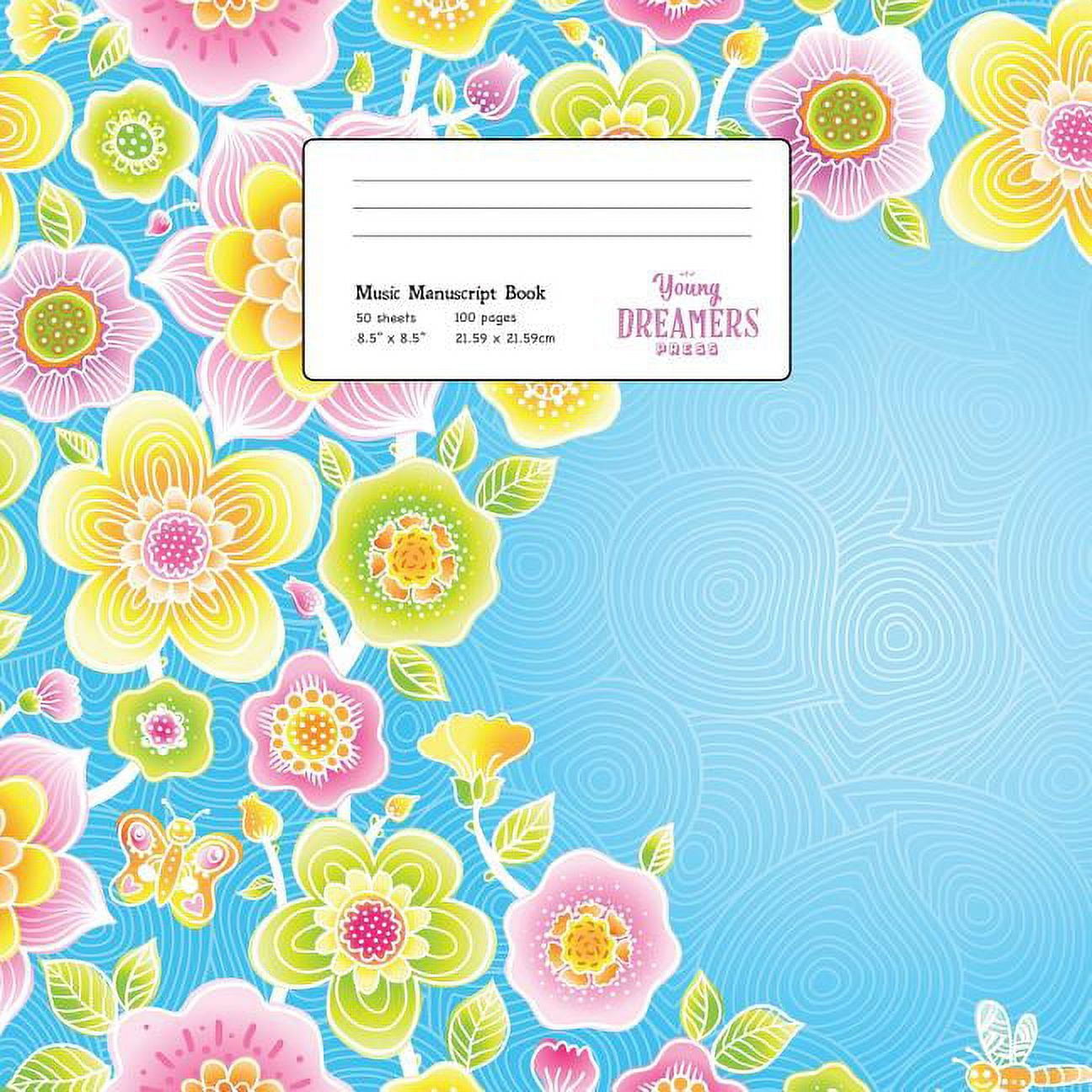 Musicians Notebook Music Manuscript Book: Floral Pattern on Blue, Large Kids Stave Paper, Book 6, (Paperback)