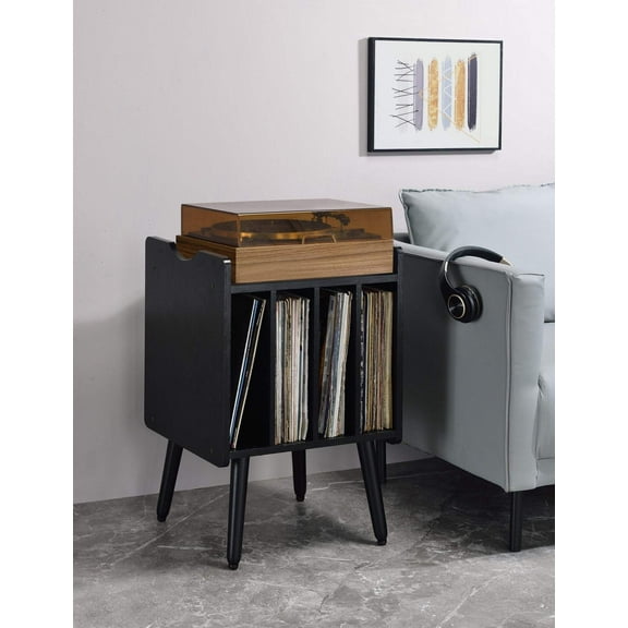 Musiea Vinyl Record Player Stand Mid Century Turntable Table with 4 Cabinet Record Storage (Black)