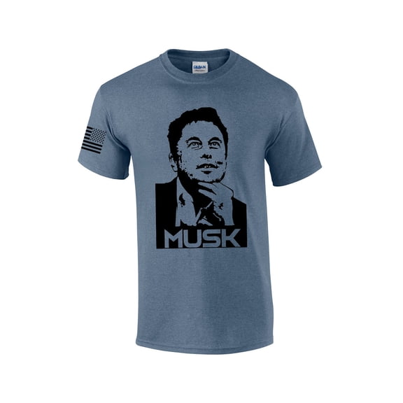 Musk Portrait of Elon American Flag Sleeve Men's Short Sleeve T-shirt Graphic Tee-Heather Indigo-xl