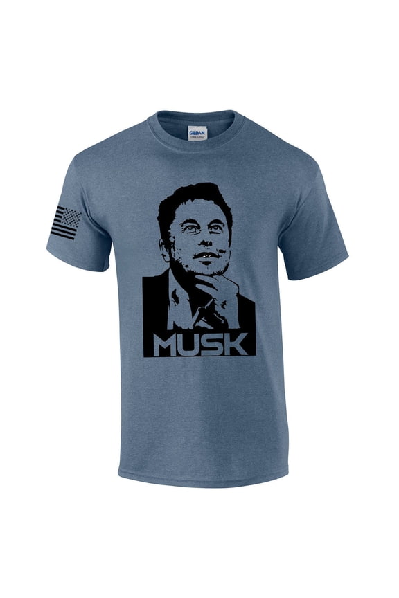 Musk Portrait of Elon American Flag Sleeve Men's Short Sleeve T-shirt Graphic Tee-Heather Indigo-xxxl