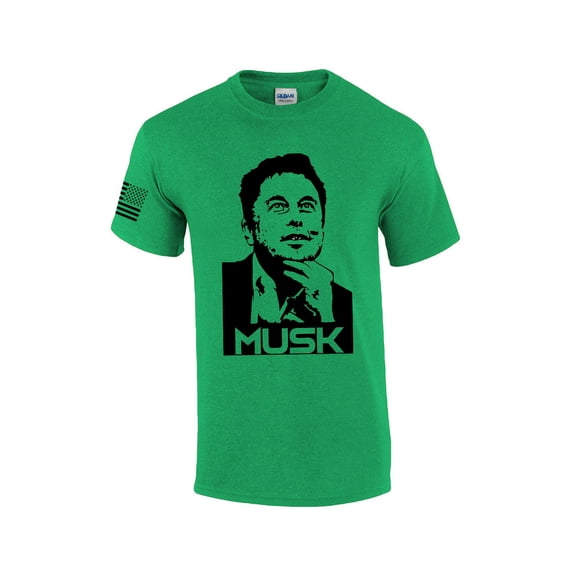 Musk Portrait of Elon American Flag Sleeve Men's Short Sleeve T-shirt Graphic Tee-Heather Kelly Green-5xl
