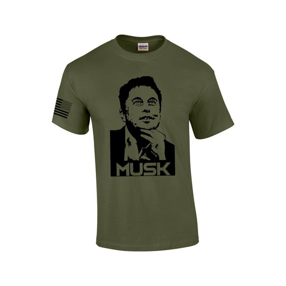 Musk Portrait of Elon American Flag Sleeve Men's Short Sleeve T-shirt Graphic Tee-Military-6xl