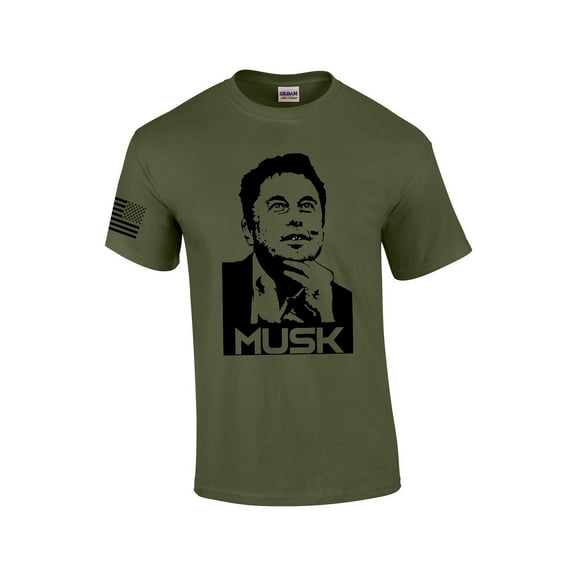 Musk Portrait of Elon American Flag Sleeve Men's Short Sleeve T-shirt Graphic Tee-Military-xl