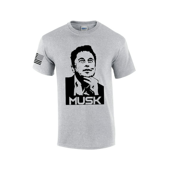 Musk Portrait of Elon American Flag Sleeve Men's Short Sleeve T-shirt Graphic Tee-Sports Grey-large