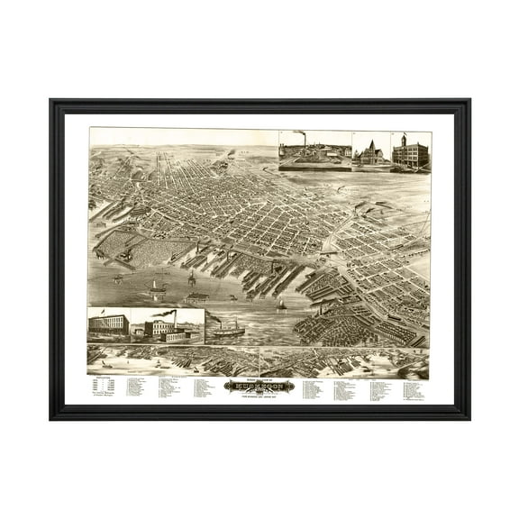 Muskegon Art, 1889 Vintage Map of Muskegon Michigan, MI History Wall Decor Gift, Old Muskegon Map - 24" x 18" Black Framed Print