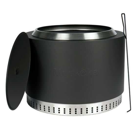 Muskoka 25" Black Steel/Stainless Steel Smokeless Wood Fire Pit with Lid, Poker & Protective Cover