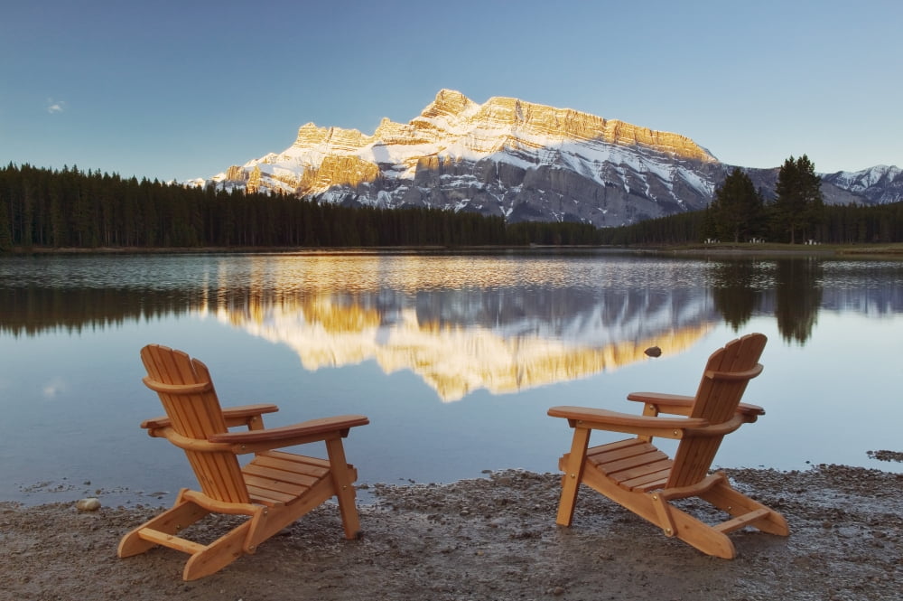 Muskoka Chairs In Front Of Mt Rundle And Two Jack Lake Banff National Park Alberta Canvas Art - Darwin Wiggett Design Pics (34 x 22)