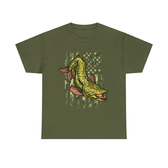 Musky Fishing Camouflage American Flag Muskie Unisex Cotton Tee