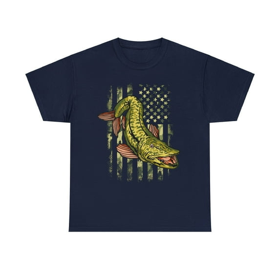 Musky Fishing Camouflage American Flag Muskie Unisex Cotton Tee