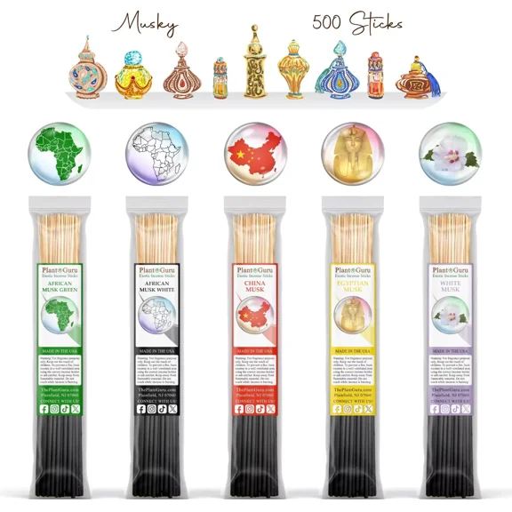 Musky Incense Sticks Variety Set 500 Pack Sampler 11" Sticks - 5 Bundles of 100 Sticks Per Bundle. Set Includes - African Musk Green, African Musk White, China Musk, Egyptian Musk, White Musk.