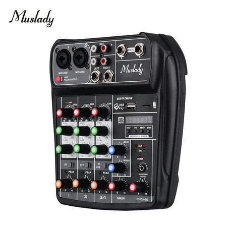 Muslady AI-4 Compact Sound Card Mixing Console Digital Audio Mixer 4-Channel BT MP3 USB Input +48V Phantom Power for Music Recording DJ Network Live Broadcast Karaoke