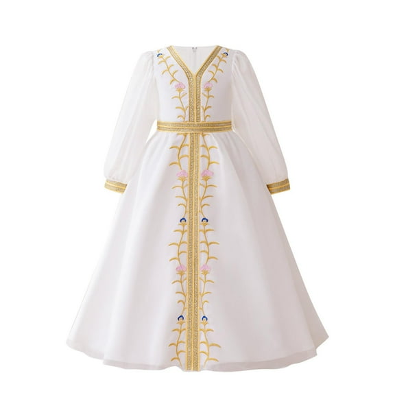 Muslim Abaya Dresses for Kids Girls Prayer Long Sleeve Formal Dress Embroidered Maxi Robe Islamic Ramadan Clothing, White, 5 Years