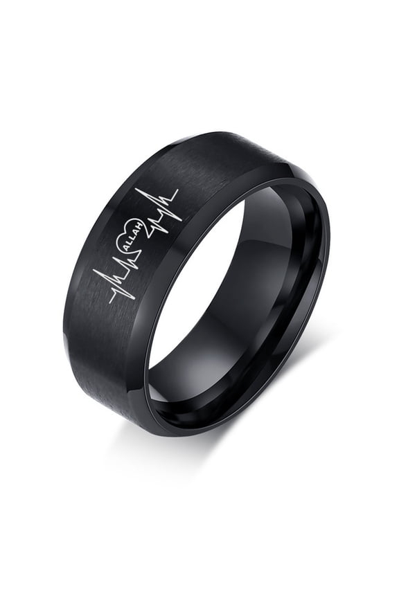 Muslim Allah Shahada Ring Black Plated Stainless Steel Matte Men Finger Ring Islam God Heartbeat Plain Band, Size 8