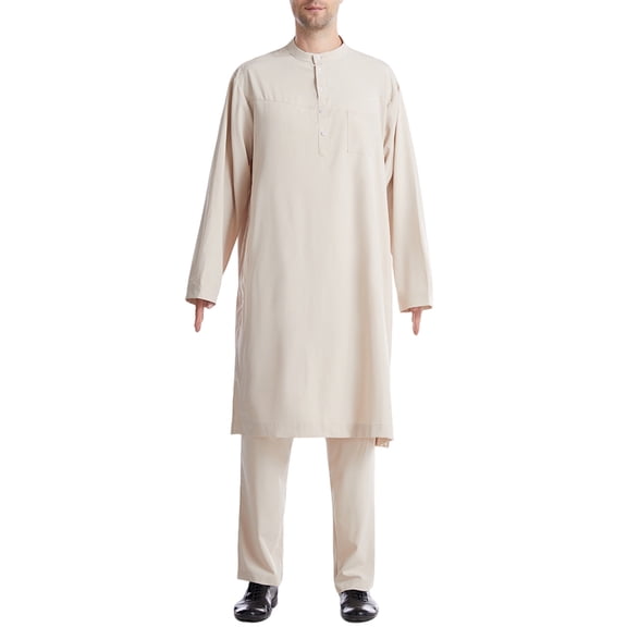 Muslim Clothes for Men 2 Piece Set Kaftan Thobe Button Henley Shirts Robe and Pants Casual Islamic Gown Shirt