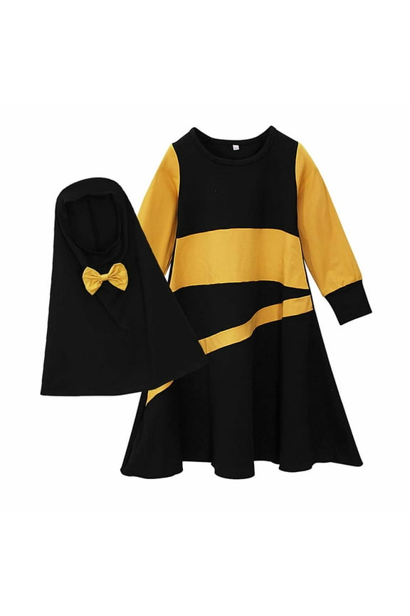 Muslim Dress for Kids Girls Long Sleeve Patchwork Islamic Abayas Maxi Dress Hijab Full Length Robe Two Piece Modest Clothing Set Black 10-11 Years