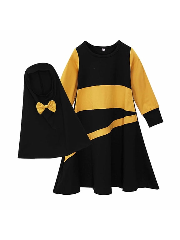 Muslim Dress for Kids Girls Long Sleeve Patchwork Islamic Abayas Maxi Dress Hijab Full Length Robe Two Piece Modest Clothing Set Black 12-13 Years